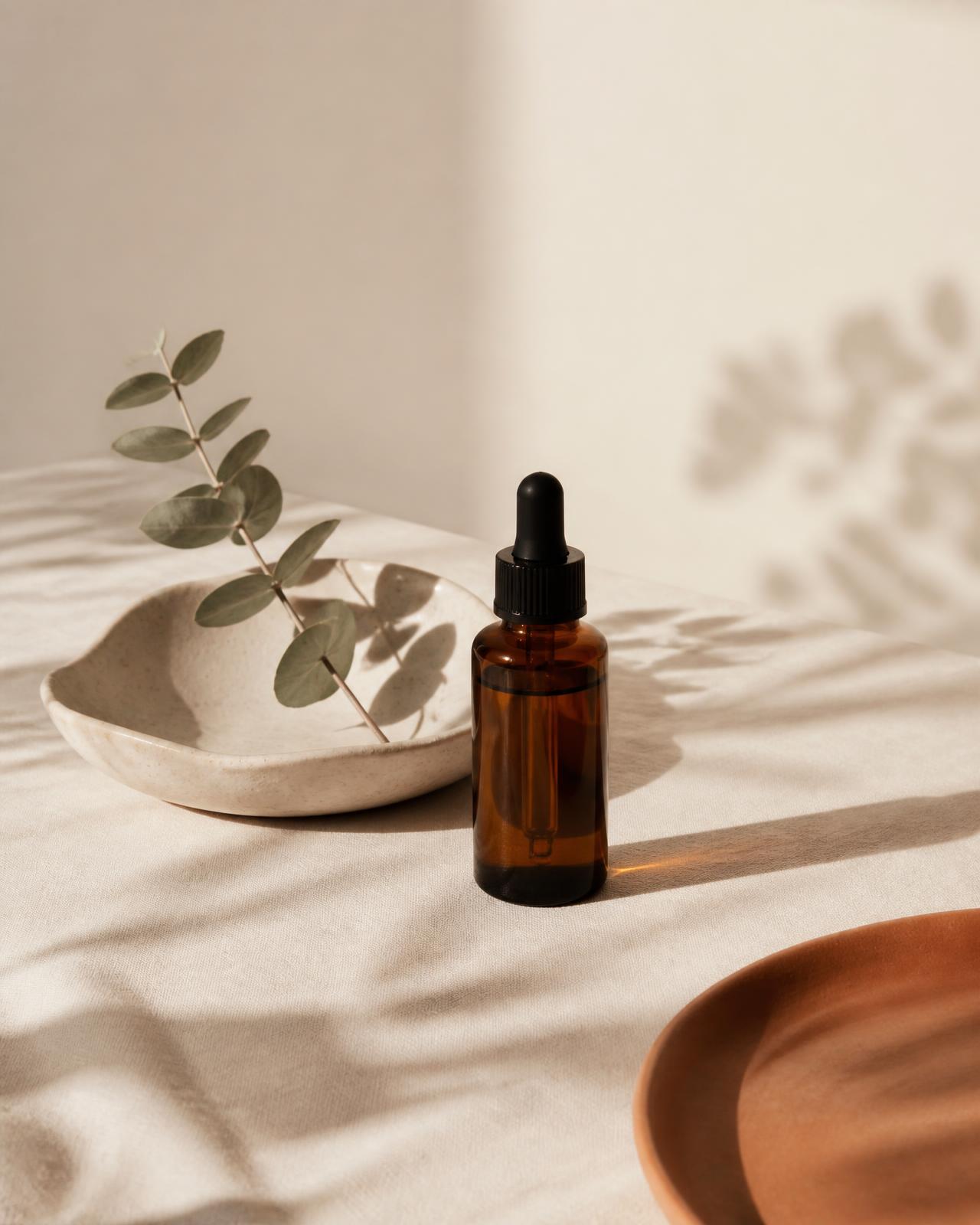 Minimal skincare serum bottle and ceramic dish styled on warm ivory linen